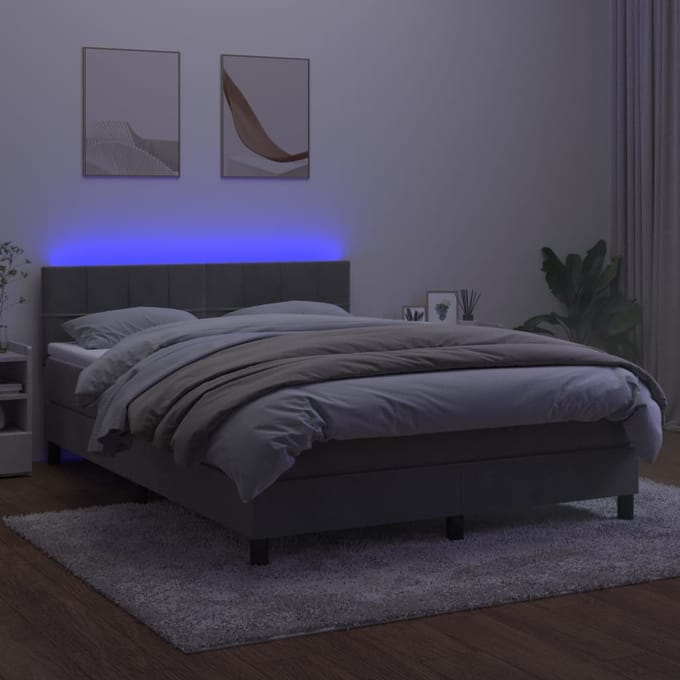 vidaXL - Boxspring - met - matras - en - LED - fluweel - lichtgrijs - 140x190 - cm