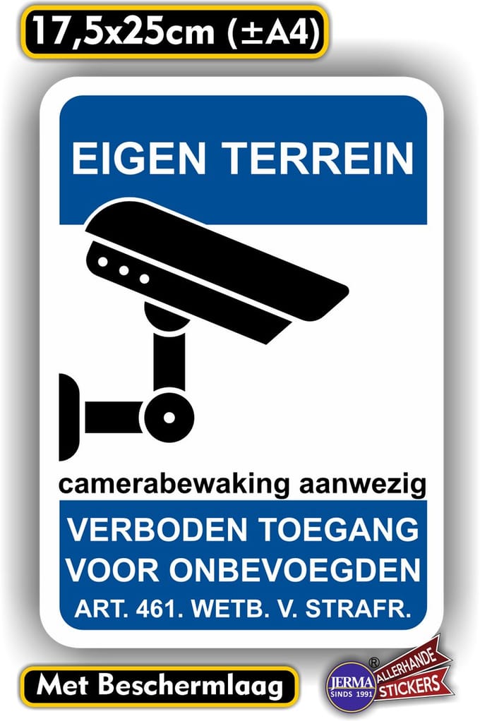 Jerma - EIGEN TERREIN - Sticker - camerabewaking - 17.5x25 cm - Vinyl - Zelfklevend - Weerbestendig