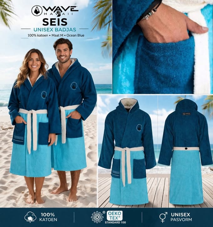Badjas - Unisex - Wave Hawaii - Seis - Katoen - Maat M - 100% katoen