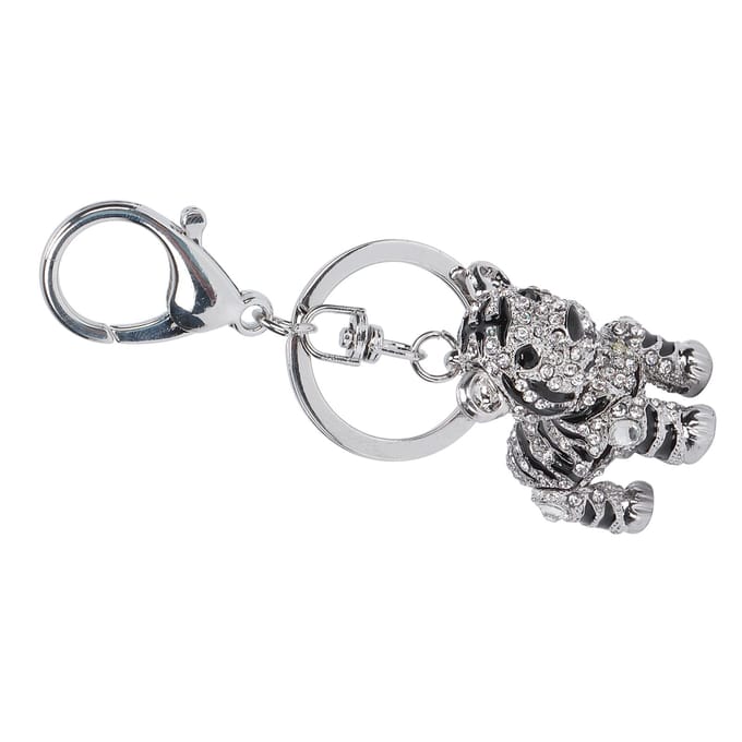 Porte-clés Tigre 3D Argent Alliage de Zinc Strass Brillant Accessoire de Bijouterie pour Sac de Dames Pendentif white