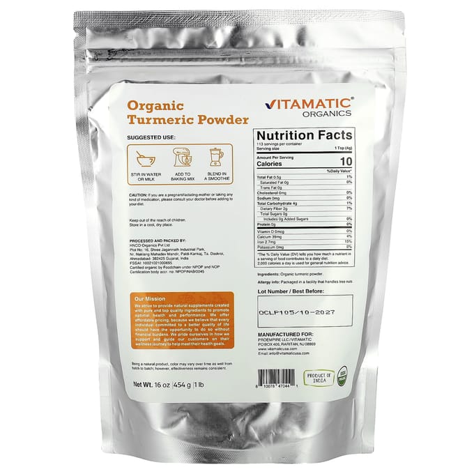 Vitamatic, biologisch kurkumapoeder, 454 gram (454 gr)