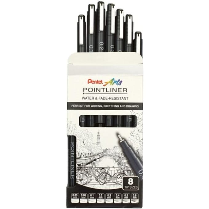 Pentel Perma fineliners, 8-delige set, zwart, 0,03-0,8 mm