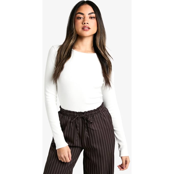 boohoo Dames Dubbel Laag Modal Rib Langarmige Top | Cream | Maat: 10