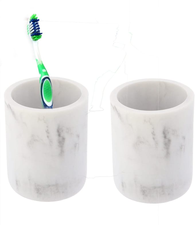 Tendance Badkamer tandenborstelhouder - 2x - wit - marmer look - polyresin - 9.5 cm