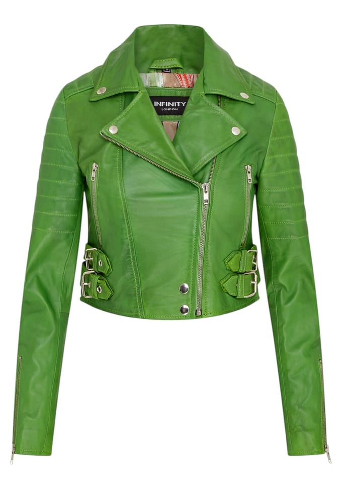 Dames appelgroene cropped Brando leren bikerjack - Damascus