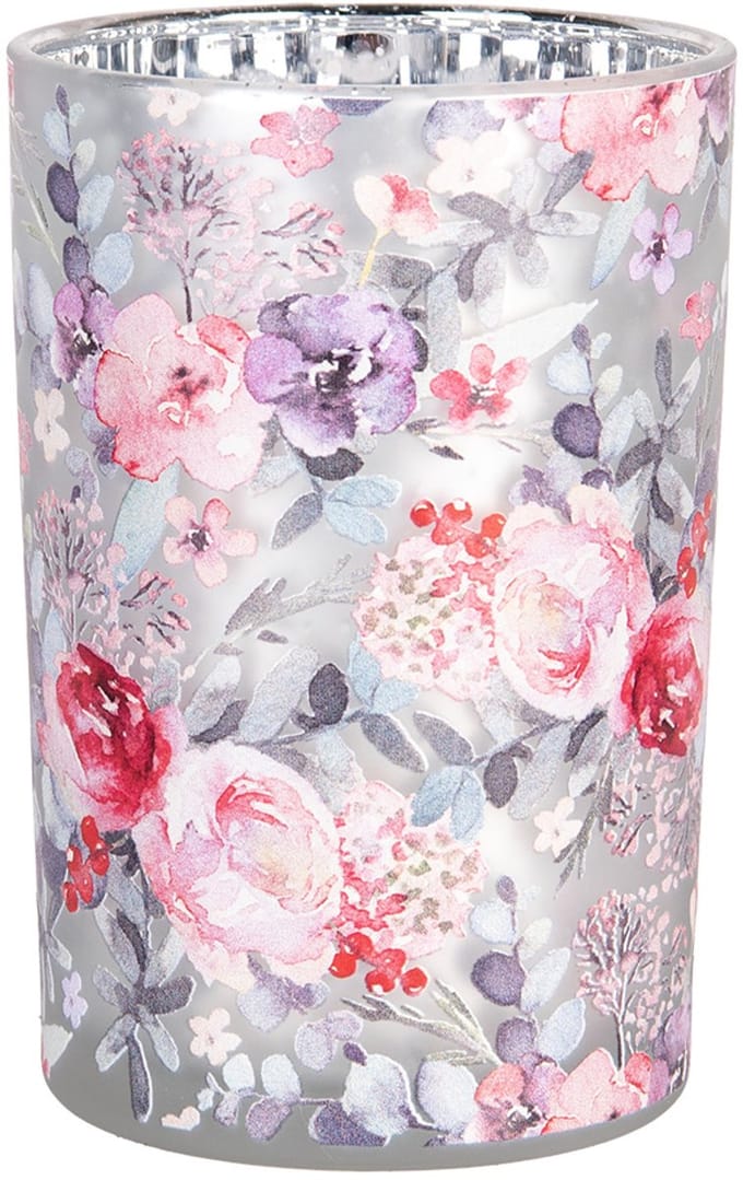 Clayre & Eef Theelichthouder Ø 12x18 cm Grijs Roze Glas Bloemen
