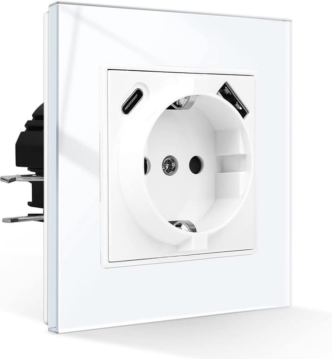 Schuko stopcontact met USB-aansluiting, type A en C, 2,1 A, inbouw met glazen frame, 1-voudig