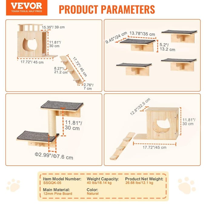 Wandgemonteerde Kattenplanken Boom met Springplanken Nesten Hangmat Set van 9
