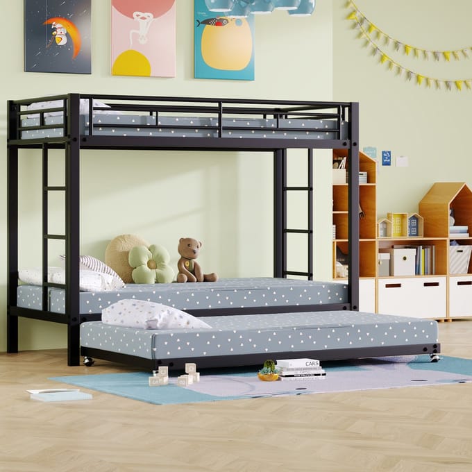 Stapelbed 90x200cm zwart - uitklapbaar rollbed + hoge veiligheidgelander + EN747 gecertificeerd - metaal frame