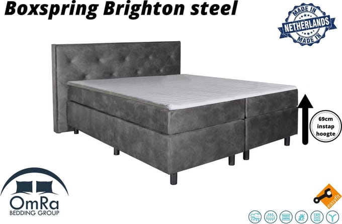Omra - Complete boxspring - Brighton steel - 80x200 cm - Inclusief Topdekmatras - Hotel boxspring