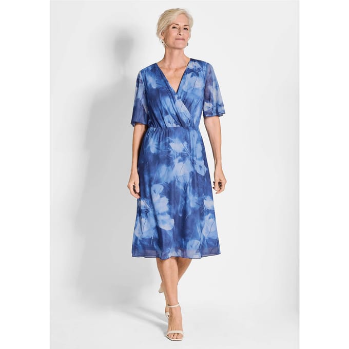 Goldner Mesh-jurk Wikkeljurk met bloemenprint in blauw, getailleerd