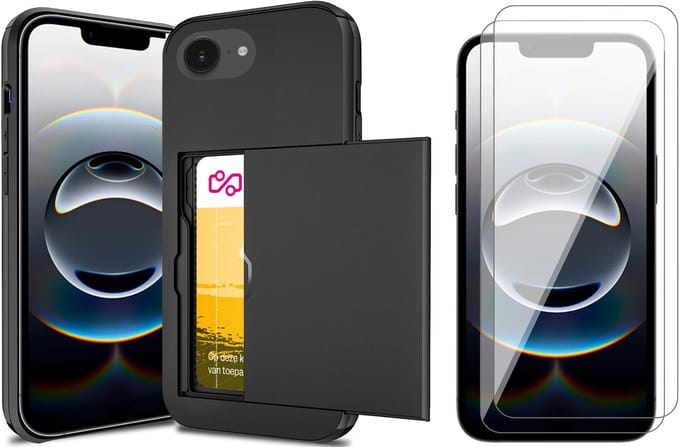 Hoesje met Pasjeshouder geschikt voor iPhone 16e - 2x Screen Protector GlassGuard - Back Cover SlideCase Zwart & Screenprotector