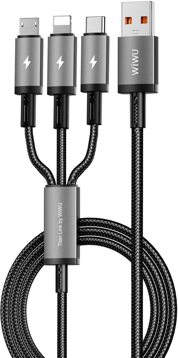 WiWU 3-in-1 USB-A kabel 66W – Snellaadkabel & datakabel – Usb-A naar USB-C, Lightning en Micro-USB – Grijs