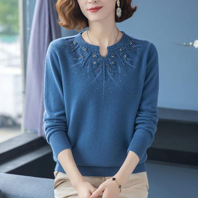 Pull tricoté en cachemire brodé de losanges, pull ample surdimensionné pour femme 2XL bleu