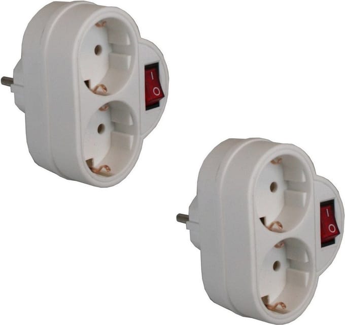Benson Stopcontact splitter - Pakket van 2x stuks - dubbel wit - met randaarde en schakelaar - Witte stekkeradapters