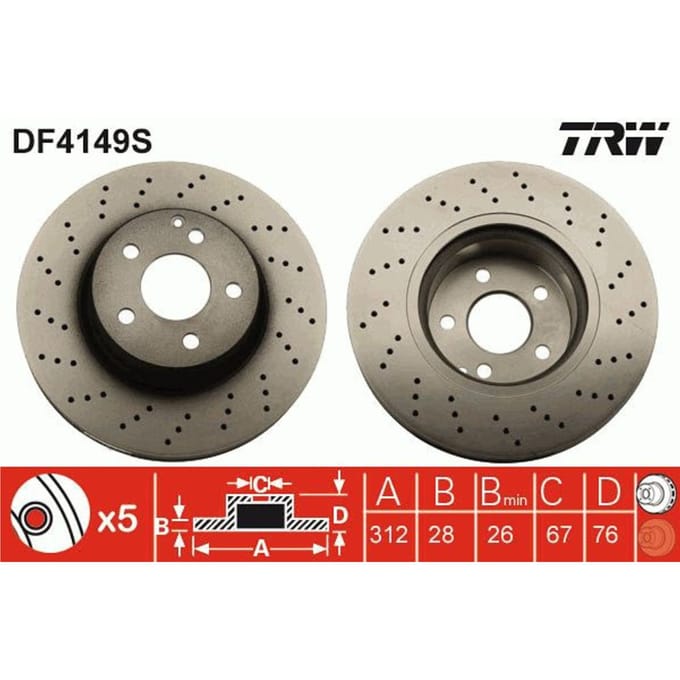 Remschijf TRW DF4149S voorkant, geperforeerd, sleuf, 1 Stuk