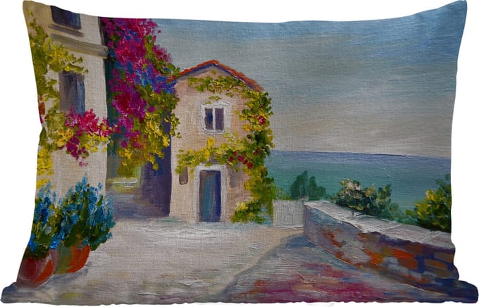 Buitenkussens - Tuin - Schilderij - Huis - Olieverf - Dorp - 50x30 cm