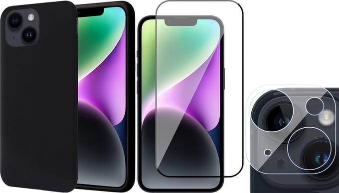 Hoesje geschikt voor iPhone 14 Plus - Screenprotector FullGuard & Camera Lens Screen Protector - Back Cover Case SoftTouch Zwart