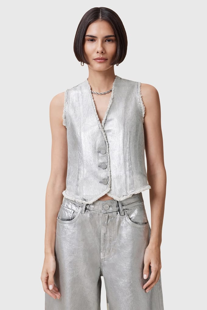 AllSaints Andrea Waistcoat Metallic Silver Maat: 2 | Gilets Outlet | Dames | Zilver