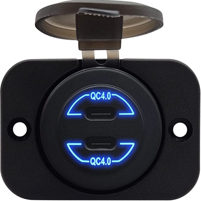 ProRide 12V USB C Autolader 2 Poorten Inbouw - 30W - QC4.0 - USB Stopcontact voor Auto, Boot en Camper - Complete set - Blauw
