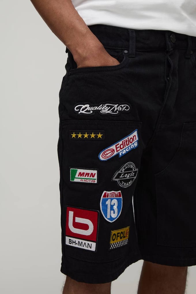 Denim Carpenter Shorts Met Meerdere Badges | True Black | Size 40R