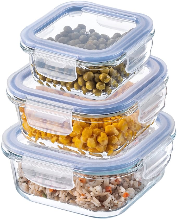 KADAX Hittebestendige glazen container met deksel, voedselcontainer van robuust glas, bewaarcontainer, vriescontainer, vershouddoos, vierkant, set van 3