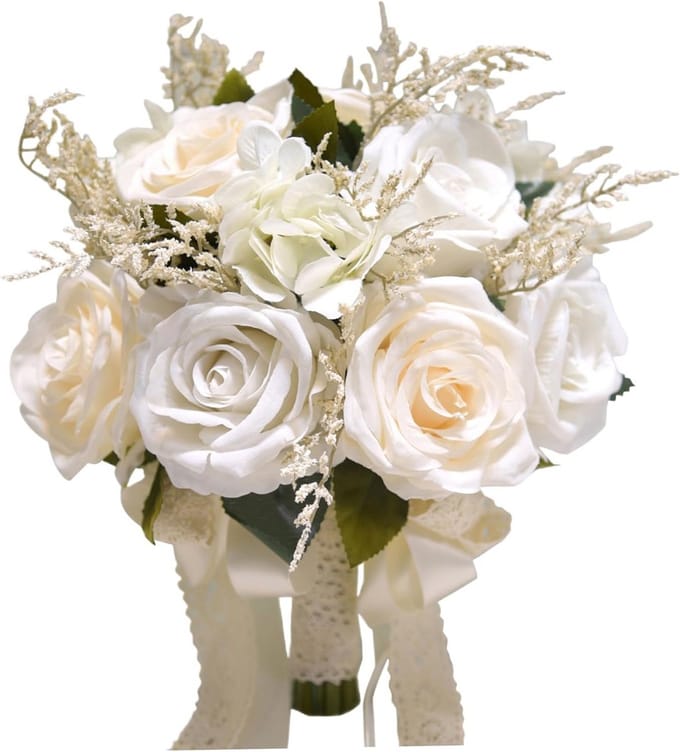 Witte Kunstbloemen Bruidsboeket Bruiloft Bloemstuk met Zijden Lint