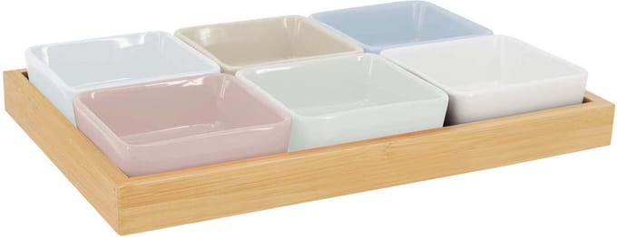 Remember - Schalenset met Houten Dienblad Set van 7 Stuks - Bamboe - Multicolor