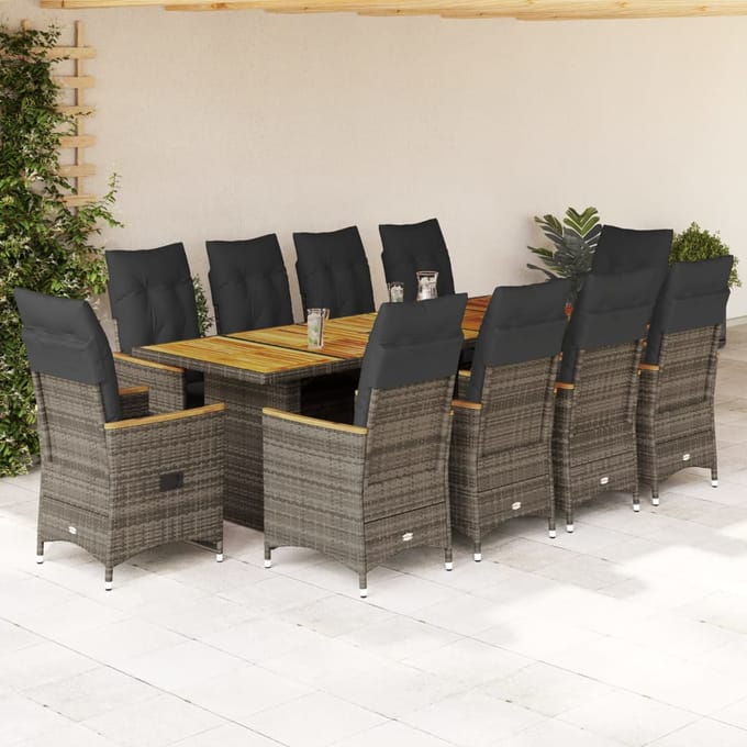 vidaXL - 11-delige - Bistroset - met - kussens - poly - rattan - grijs