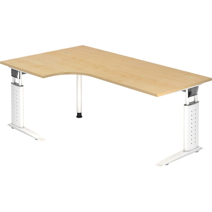 Hoekbureautafel TARVIS, B 2000 x D 1200/800 x H 680-860 mm, onderstel wit, esdoornpatroon