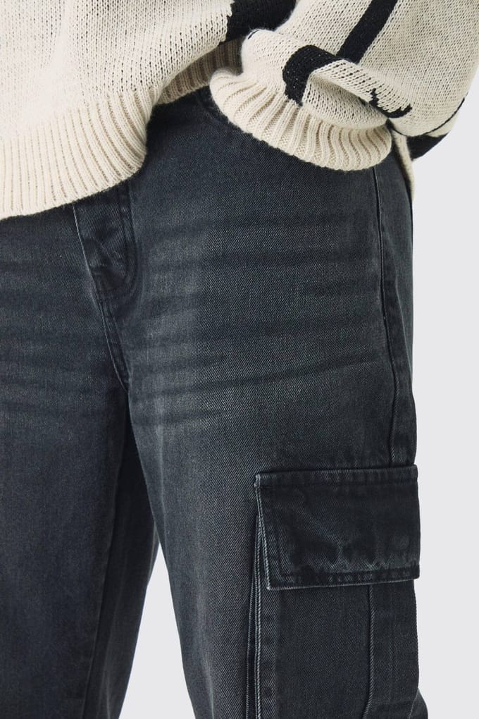 Tall Straight Rigid Cargo Jeans | Washed Black | Size 52
