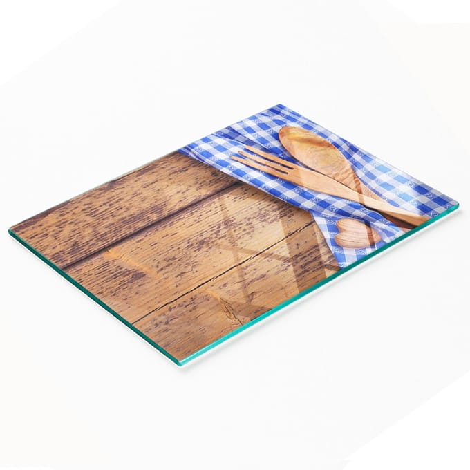 Keukenplank van gehard glas met afbeeldingen en houten bestek, 80x52 cm