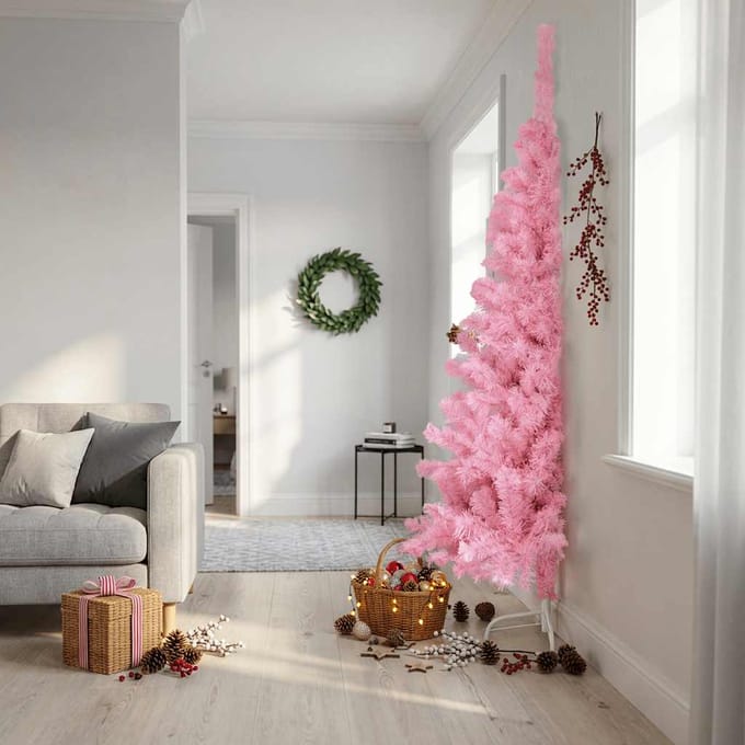 vidaXL Kunstkerstboom met standaard half 210 cm PVC roze
