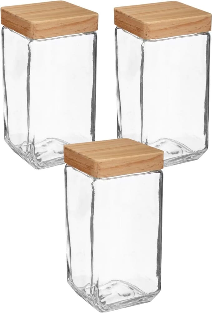 5Five voedsel/spullen voorraadpot - 3x stuks - Glas met houten deksel - 2000 ml - Met luchtdichte sluiting