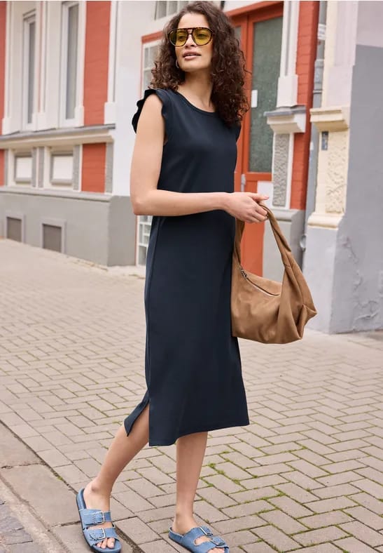 Midi-jurk met ronde hals in effen kleur