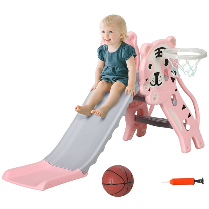AIYAPLAY glijbaan voor kinderen, binnenglijbaan voor kinderen, met basketbalring, tijgerthema, 18 tot 36 maanden, tot en met Roze