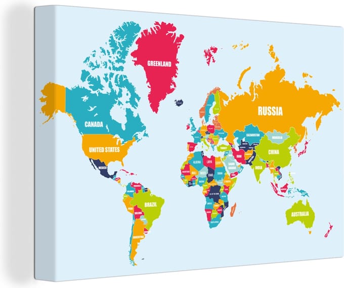 Canvas Schilderij Wereldkaart - Kleuren - Aarde - Canvasdoek - 120x80 - Wanddecoratie