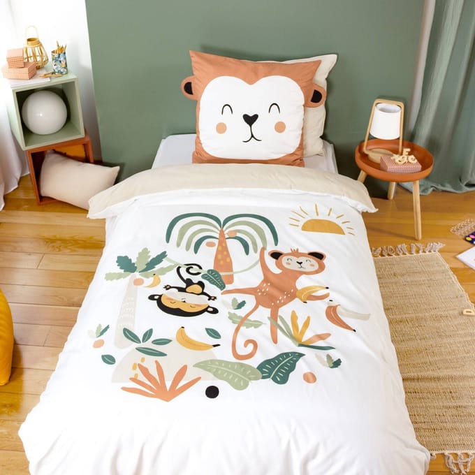 sweeek - Microvezel omkeerbaar beddengoed met apenprint 1-persoons 140x200cm - arthur