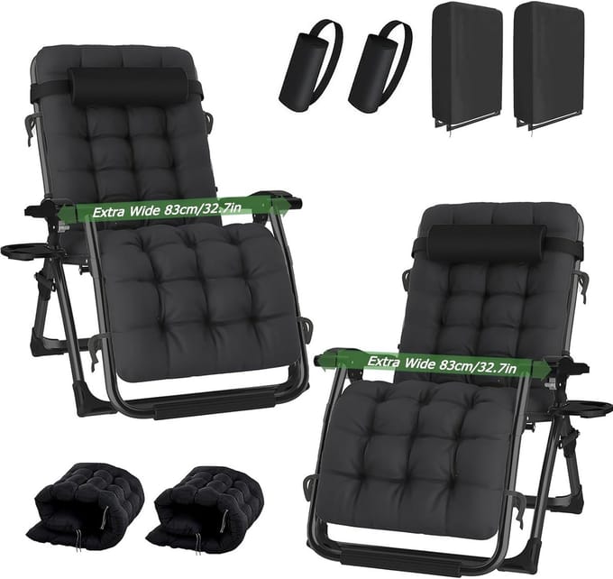 Set van 2 Extra Brede Zero Gravity Relaxstoelen Buiten - Inklapbaar met Kussen en Hoes - 200 kg