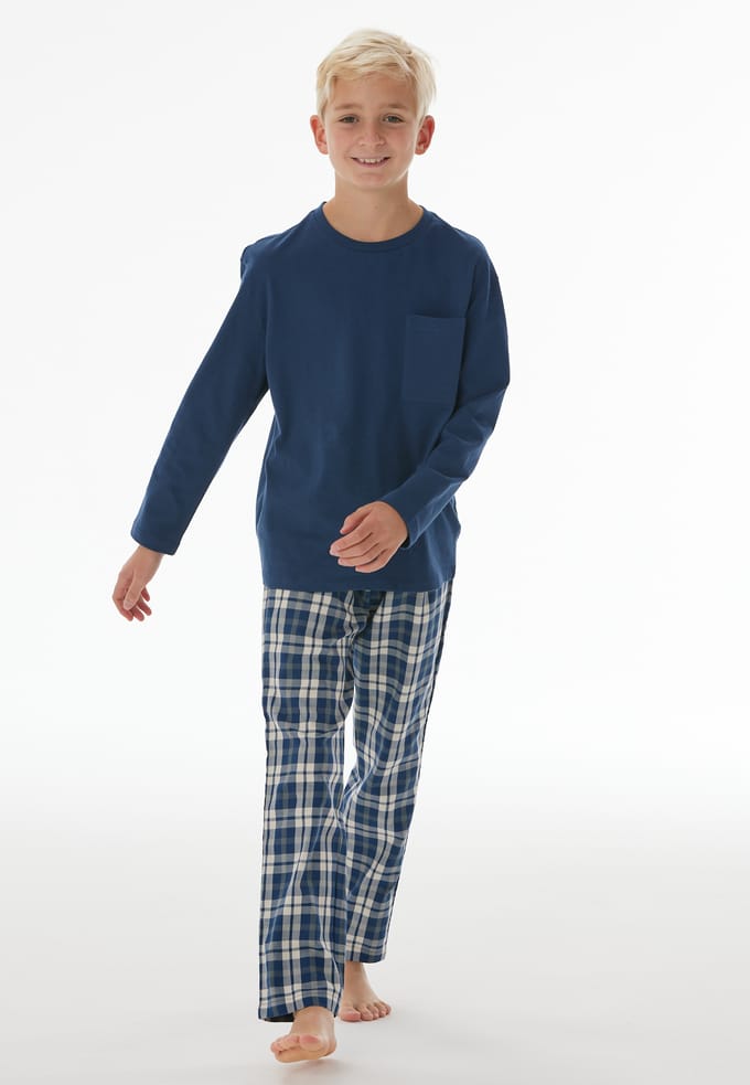Lange pyjama van geweven jersey met ruitjesmotief, pacific blue - Nightwear 152