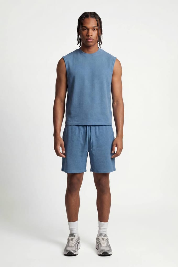 Boxy Wafel Drop Shoulder Tanktop & Baggy Shorts Set | Slate Blue | Size Large