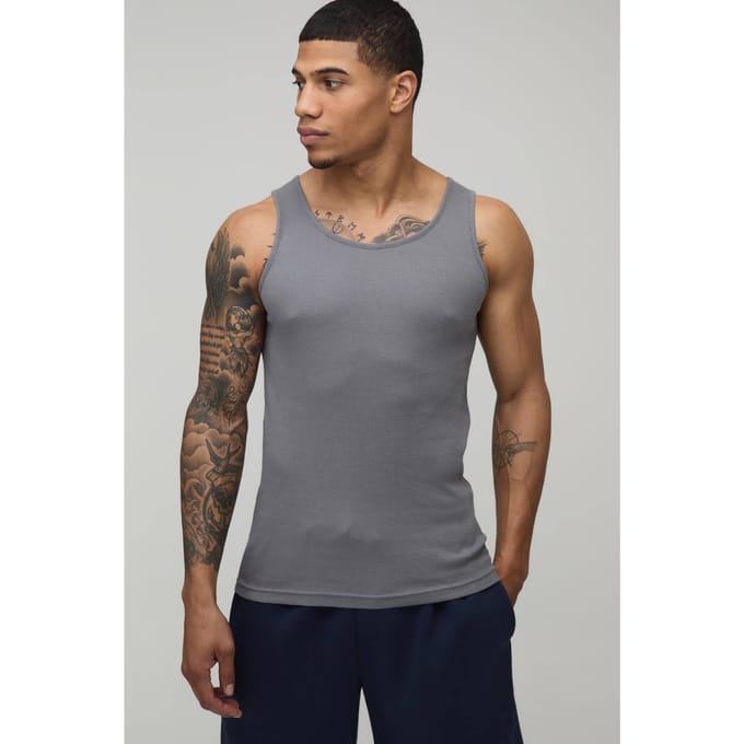 Essential Muscle Fit Ribbed Vest | Grey | Size XL