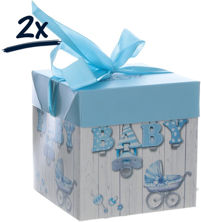 Set van 2 Cadeaudoosjes - Bewaardoosje voor Babyshower - Met Lint en Strik - 10x10x10 cm