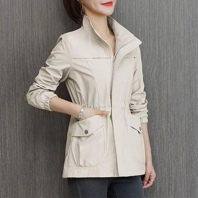 Coupe-vent Double couche pour femmes, manteau court à la mode, grande taille, veste à col montant pour dames, printemps automne L beige