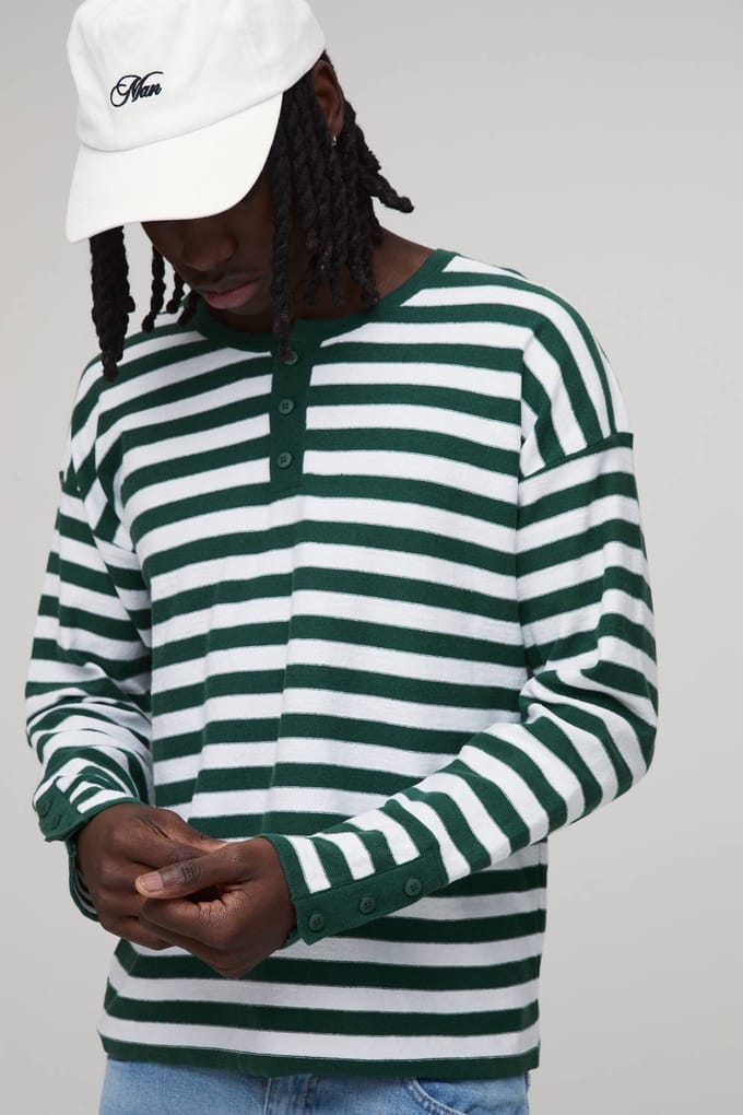 Regular Fit Henley Gestreept Gebreid T-shirt Met Lange Mouwen | Forest | Size Medium