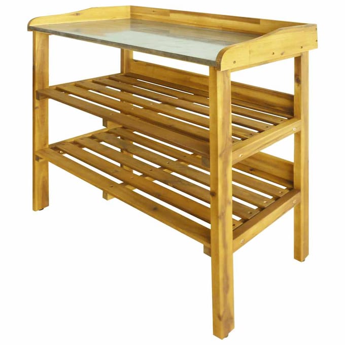 vidaXL - Oppottafel - met - 2 - schappen - massief - acaciahout - en - zink