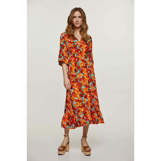 Midi jurk met bloemmotief en ruches