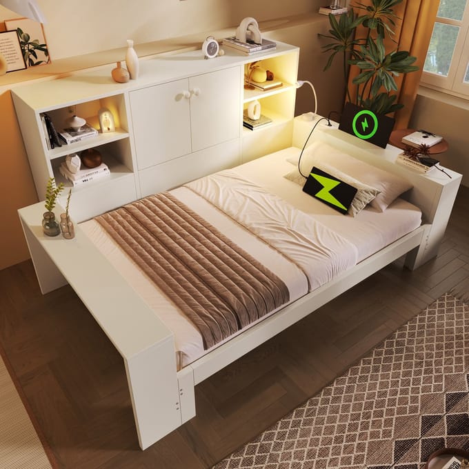MIVRAY Dagbed 90x200 cm Zonder Matras - Uitschuifbed Met Opbergruimte En Usb C Aansluiting - Hout - Wit