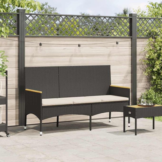 vidaXL - Tuinbank - 3-zits - met - kussens - poly - rattan - zwart