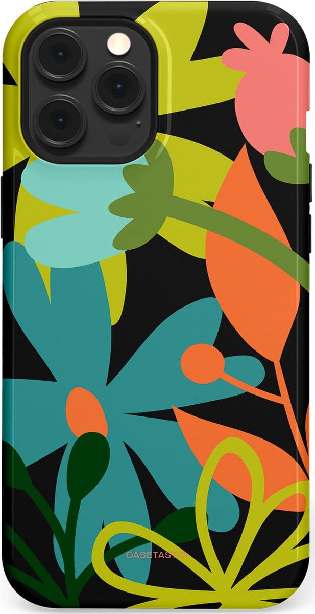 Casetastic hoesje geschikt voor Apple iPhone 12 Pro Max - MagSafe - Dubbellaagse bescherming - Botanisch Feest - Fashion Case - Zwart Olijfgroen Goud Petrol